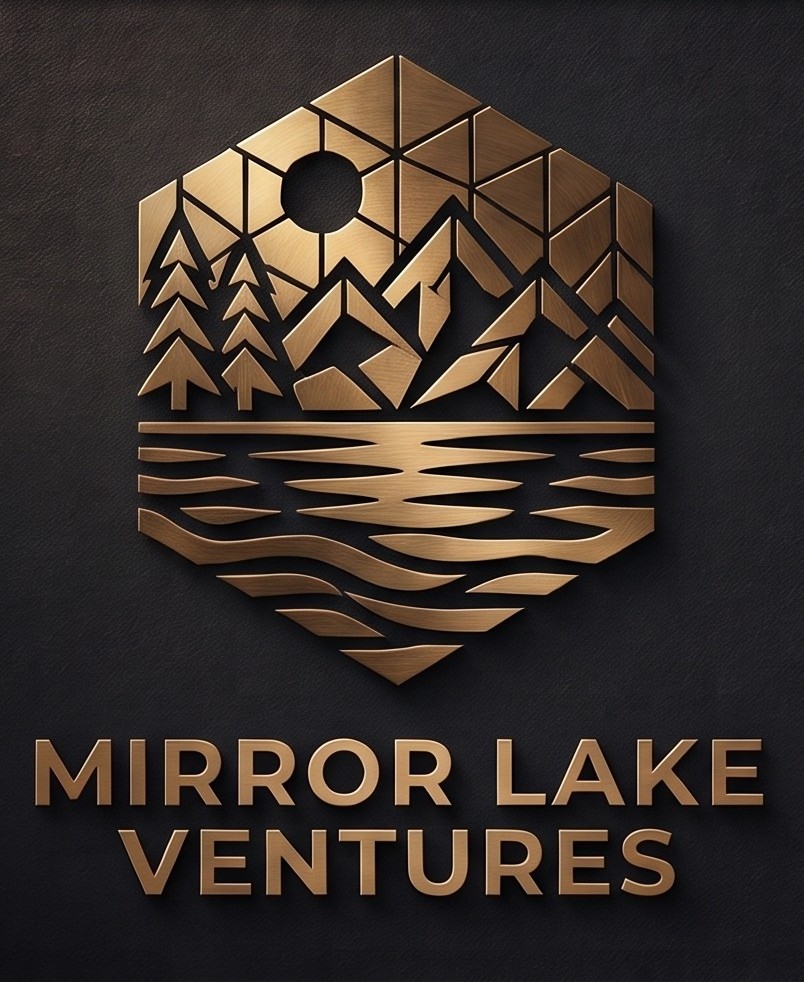 Mirror Lake Ventures: bronze geometric emblem depicting trees, mountains, sun and reflected water, above the company name